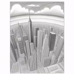 a picture of the city with skyscrapers and clouds in pencil,a drawing of a city skyline in black and white