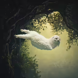 a long - haired owl flies near a forest scene