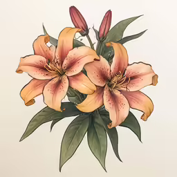 pink lilies with green leaves are shown