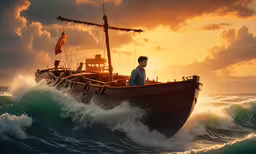 a man riding on top of a boat on top of water,a painting of a man on a boat floating through waves