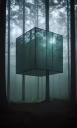 a glass structure stands in the middle of trees