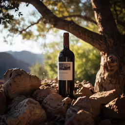 a bottle of wine sitting on the ground under a tree