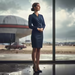 the woman stands in front of an airplane