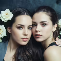 two beautiful women are posed for an image