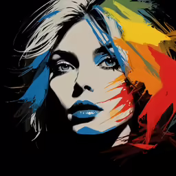 an abstract painting of a woman with colorful hair