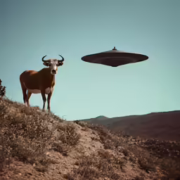 a brown animal with horns standing in a field next to an alien like object