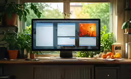 the desktop screen has three screens of images on it