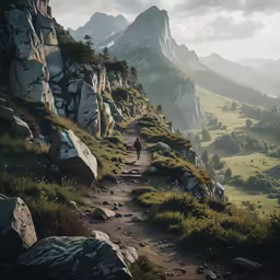 a man on a mountain trail overlooking a valley with a mountain range in the background
