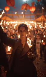a woman holding two torches in a crowded street