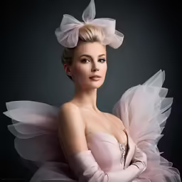 a beautiful young lady in a pink dress with tulle skirt and gloves