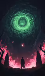 a person in a field under an vortex