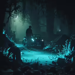 a jeep driver driving through the night in a dark forest