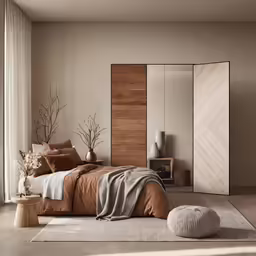 a bedroom with a large bed with blankets and pillows on it