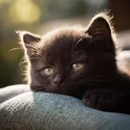 a black cat with an open blue eyes lying on a chair