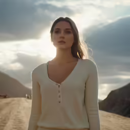 a woman standing in a desert road with mountains