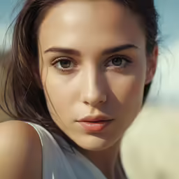 the girl is posing for a photo near the beach