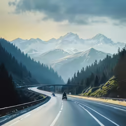 a road winding through the forest with a mountain in the background