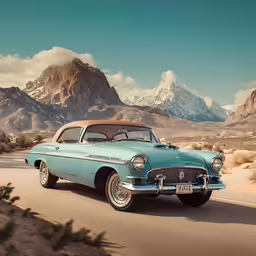 an old car driving on the street in the desert