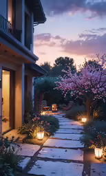 a garden path with a lit pathway between two large buildings