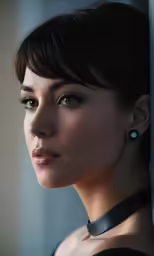 a woman with a black top and a leather choker on