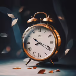 an old gold clock has falling leaves on a table