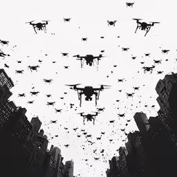 a drawing of some buildings and military jets flying through the sky
