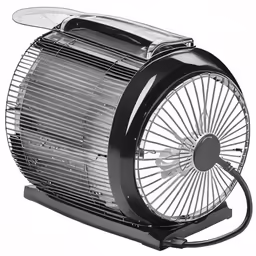 a black fan with a white back and silver top