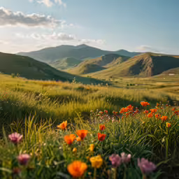 a field that has some grass and flowers