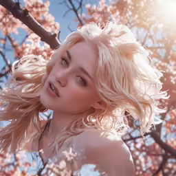 a woman standing near a tree with lots of blossom