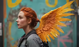 a woman with an angel wings outfit in the city