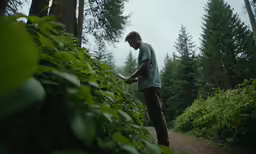 a man holding onto a frisbee on a trail