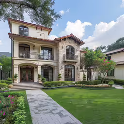 a home surrounded by green yard and landscaping,a two story building with a walkway leading to it