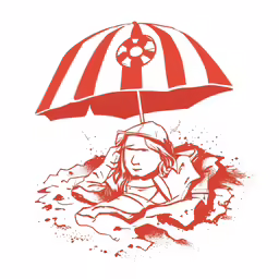 an illustrated drawing of a girl laying in the water under an umbrella
