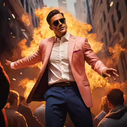a man in sunglasses, a pink suit and black shoes is dancing with flame as people watch