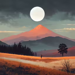 a large mountain covered in fog with a lone figure walking up a hillside,man standing in field looking at landscape at sunset