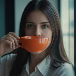 woman holding orange bowl looking over her mouth