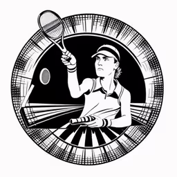 a man playing tennis holding a racket in the air,a man holding a tennis racquet while wearing a hat,a man playing tennis is shown in the middle of a circular frame,the tennis player is holding his racket to hit the ball,an artistic black and white logo of a man holding a tennis racket