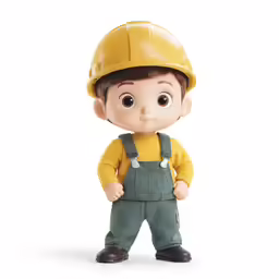 the doll is wearing overalls and a hard hat