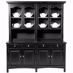 the china cabinet is black and has white dishes