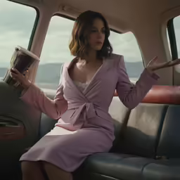 woman in lavender dress holding coffee on seat of vehicle