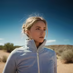 a woman in a gray sweater staring into the distance