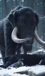 the black buffalo is lying down in the snowy field