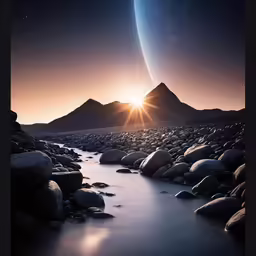 a planet in the background with mountains and rocks in the foreground