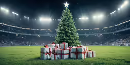 large christmas tree surrounded by wrapped presents in a stadium
