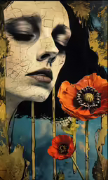 a painting of a girl with long hair in white and orange flowers