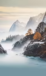fog surrounds a mountain and tree covered mountains