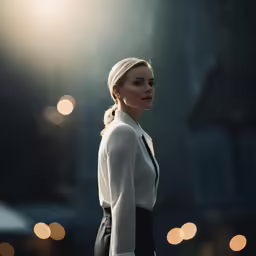 a woman with a braid in her hair standing next to some lights