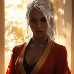 a character in a video game is shown with white hair