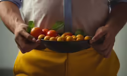 a man holds a bowl filled with fruit and vegetables