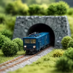 the model train is going into the tunnel